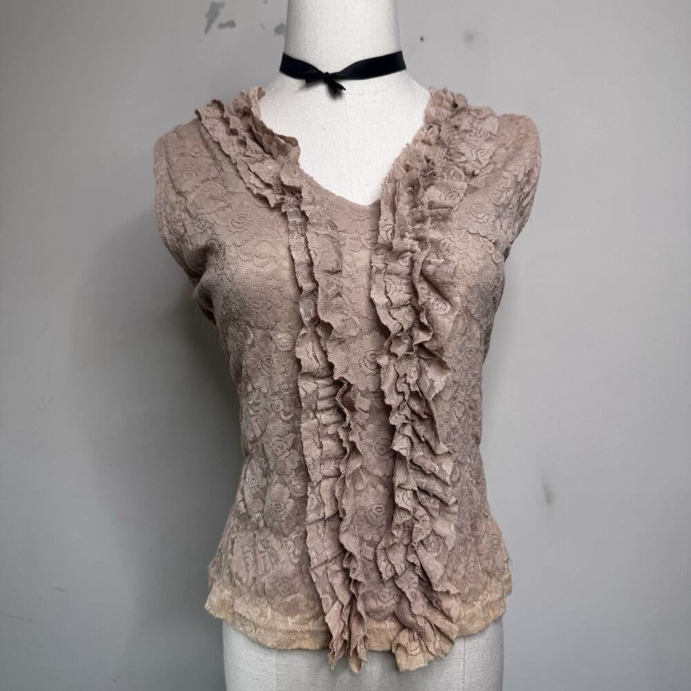 Bettie Page Y2K Taupe Mesh Lace Ruffle Top  L